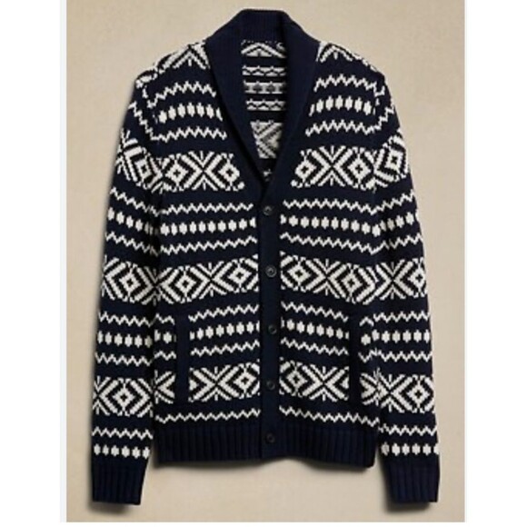Banana Republic sz S Fair Isle Sweater Navy White Cardigan Shawl Collar Pockets - Picture 2 of 9